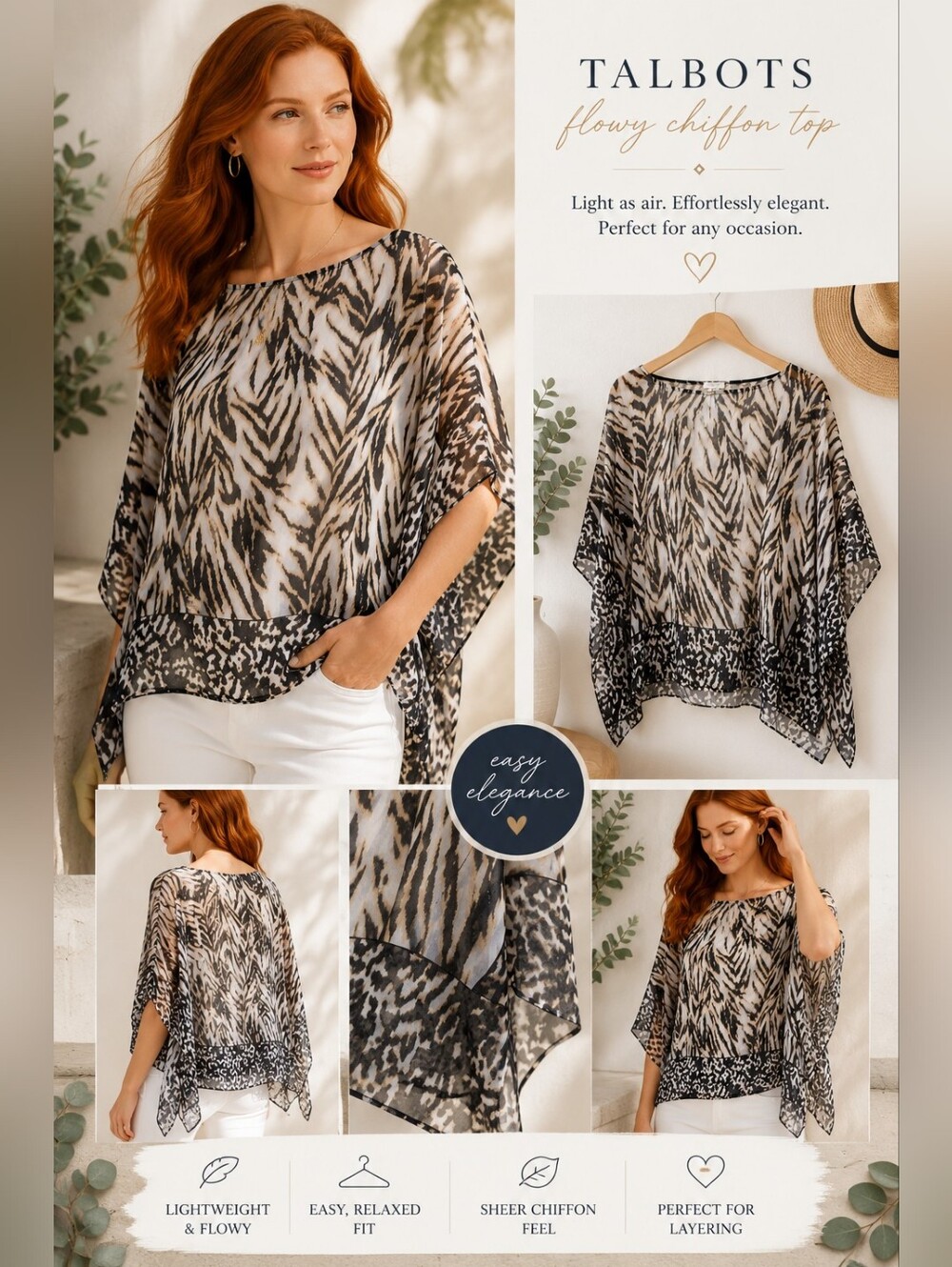 Talbots Animal Print Poncho Blouse NWT Sheer Chiffon Overlay Size S/M